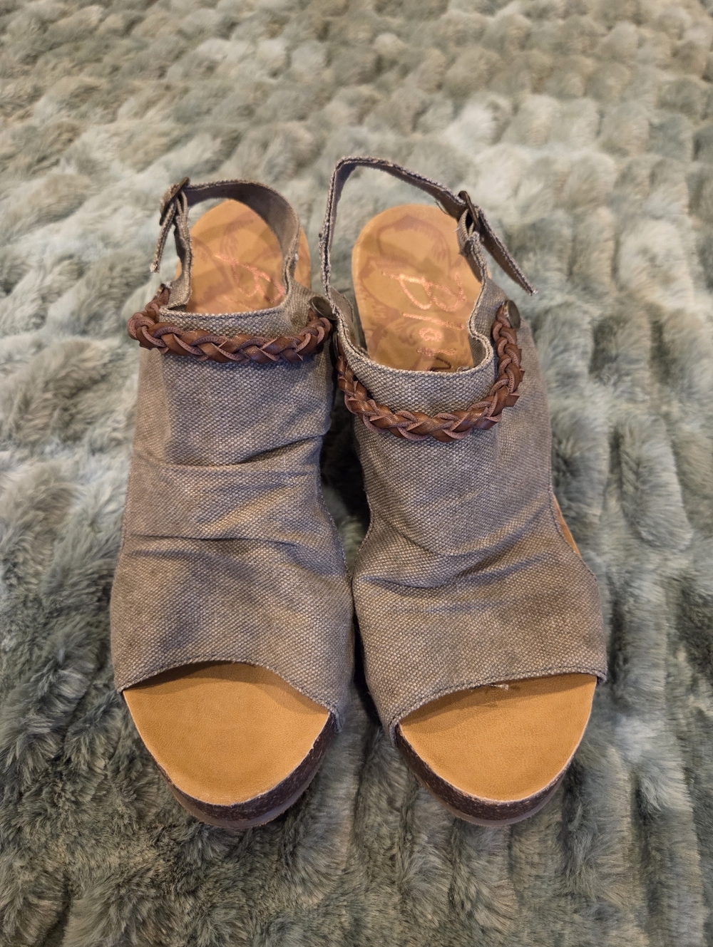BLOWFISH Wedge Peep-Toe Slingback Sandals in Gray with Braided Accent